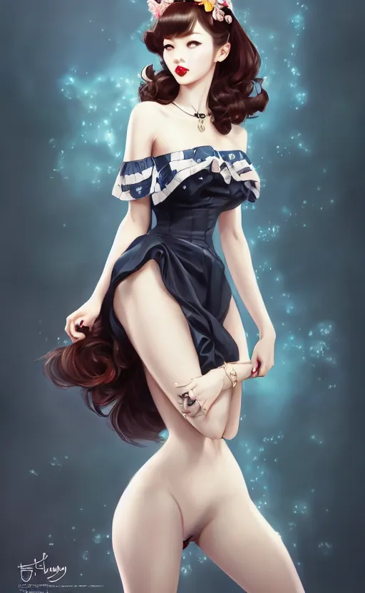 Image similar to a pin up and beautiful fashion charming dreamlke korea girl with lv jewelry, character art, art by artgerm lau and kyoung hwan kim and and ilya kuvshinov and john singer sargent, hyperdetailed, 8 k realistic, symmetrical, frostbite 3 engine, cryengine, dof, trending on artstation, digital art