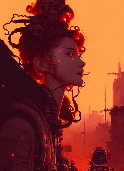 Prompt: highly detailed portrait of a wasteland long curly fire hair tribal lady, stray wiring by atey ghailan, james gilleard, by joe fenton, by greg rutkowski, by greg tocchini, by kaethe butcher, 4 k resolution, gradient red, orange, black and white color scheme!!! ( ( burning flaming robotic dystopian city background ) )