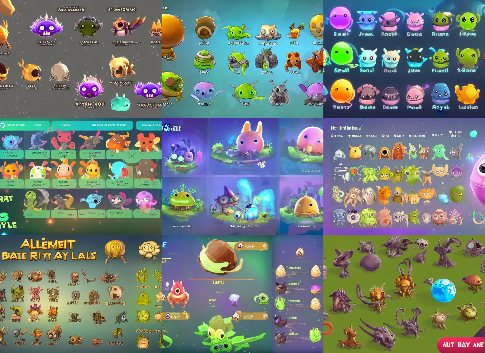 Prompt: a character menu for mobile battle royale game about alien cute little animals that land on a planet with different biomes, craters, alien capsules, bushes in the visual style of Spore and Eternal Cylinder
