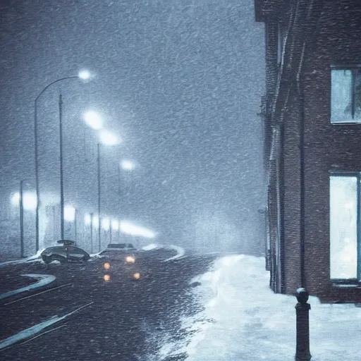 Image similar to street, snowstorm, silhouette in the distance, monster, creepy, horror, hyper realistic,