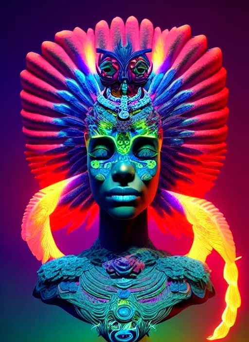 Image similar to 3 d goddess portrait, micro details global illumiantion beautiful intricate highly detailed quetzalcoatl skull and feathers. bioluminescent, plasma, lava, ice, water, wind, creature, thunderstorm! artwork by tooth wu and wlop and beeple and greg rutkowski, 8 k trending on artstation,