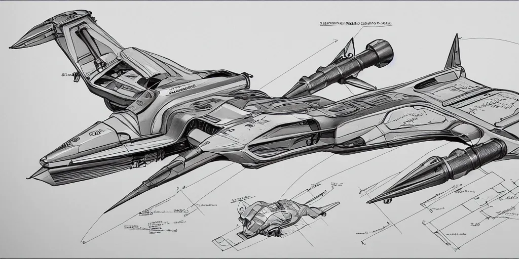 Image similar to highly detailed schematic, technical drawing, side view, sci-fi hover racer designs, pod racer designs