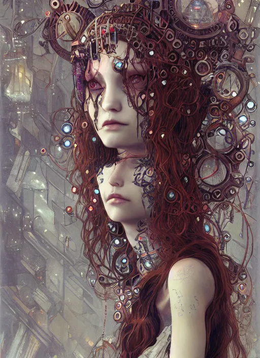 Image similar to portrait of beautiful young gothic maiden, cyberpunk, Warhammer, highly detailed, artstation, illustration, art by Gustav Klimt and Range Murata