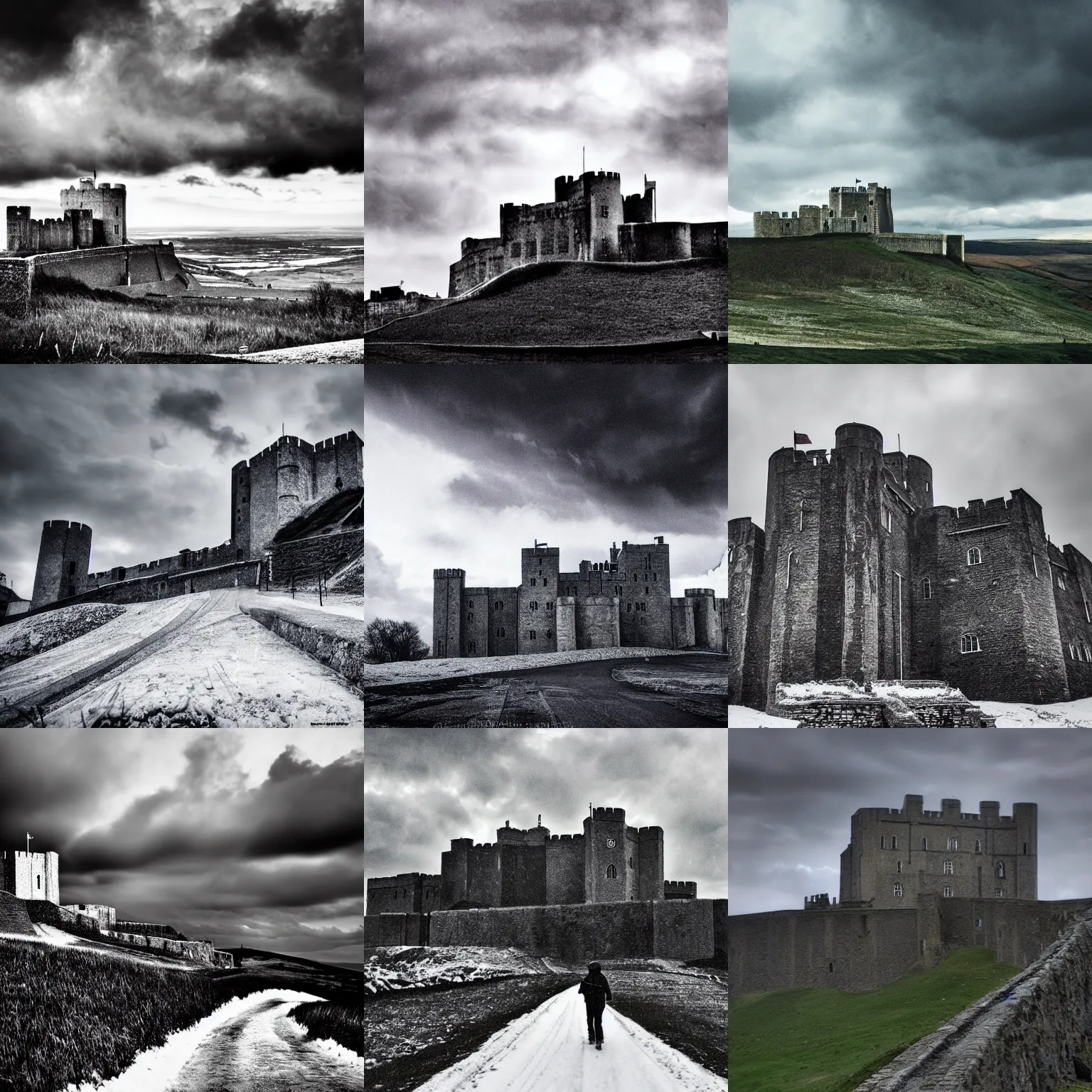 Prompt: Dover Castle, dark clouds, snow, concept art, cinematic, epic wide shot, artstation, sharp focus, smooth, establishing shot, sense of awe