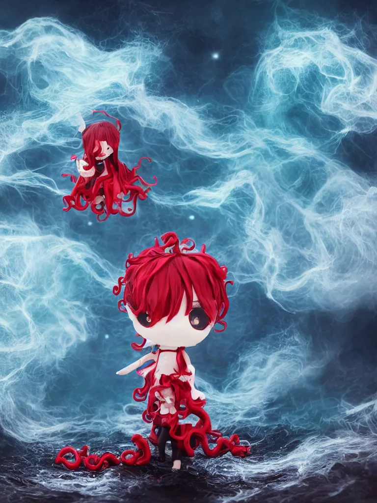 Image similar to cute fumo plush chibi gothic octopus maiden princess boy washing his hair in the waves of the wavering dark galactic abyss, long black and red ruffled intricate dress with ribbons, ocean wave thunderstorm and reflective splashing water, wisps of smoke and haze and volumetric fog, ocean simulation, vignette, vray