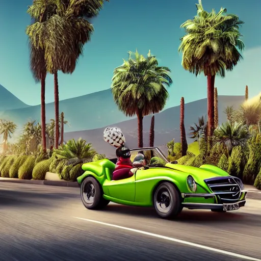 Image similar to side photo of a kermit the frog driving a mercedes in marrakech, morocco, palm trees, 8 k, octane render, hyperdetailed, illustration, digital painting, oil painting