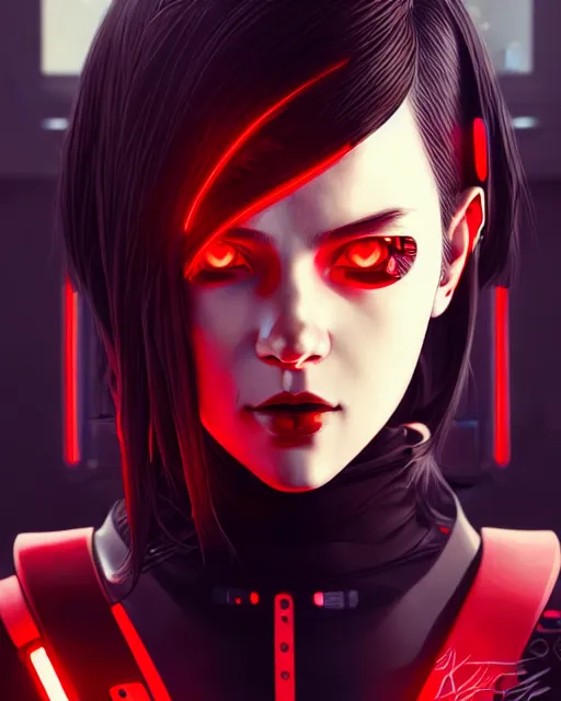 Image similar to a detailed potrait of a cyberpunk cyborg girl with black and red parts, perfect face, realistic shaded perfect face, detailed. night setting. very anime style. realistic shaded lighting poster by ilya kuvshinov katsuhiro, unreal engine, global illumination, radiant light, detailed and intricate environment