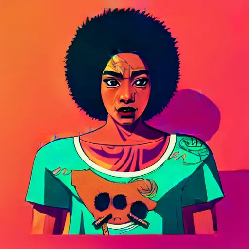 Image similar to sachin teng illustration of an angry afropunk female character, medium shot, asymmetrical, profile picture, trending on artstation