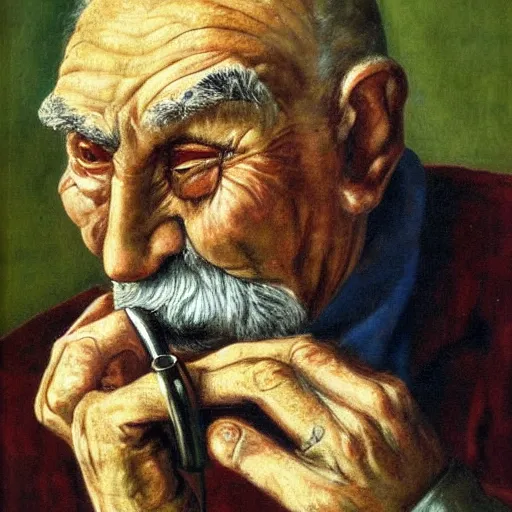 Image similar to a sad old man with his pipe, high quality, high resolution,detailed, by otto dix