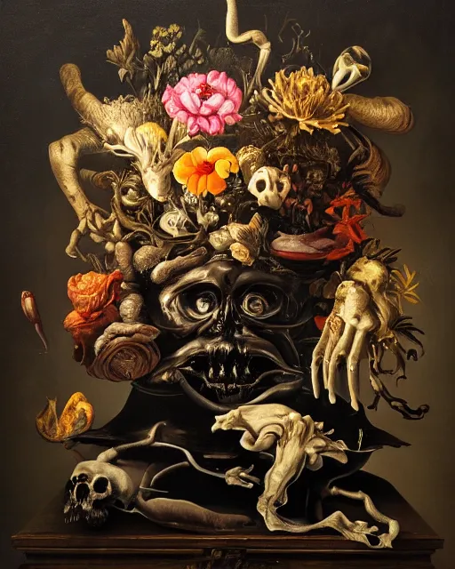 Image similar to refined gorgeous blended oil painting with black background by christian rex van minnen rachel ruysch dali todd schorr of a chiaroscuro portrait of an extremely bizarre disturbing mutated man made of still life flowers and rubber insects with shiny skin acne dutch golden age vanitas intense chiaroscuro cast shadows obscuring features dramatic lighting perfect symmetry perfect composition masterpiece