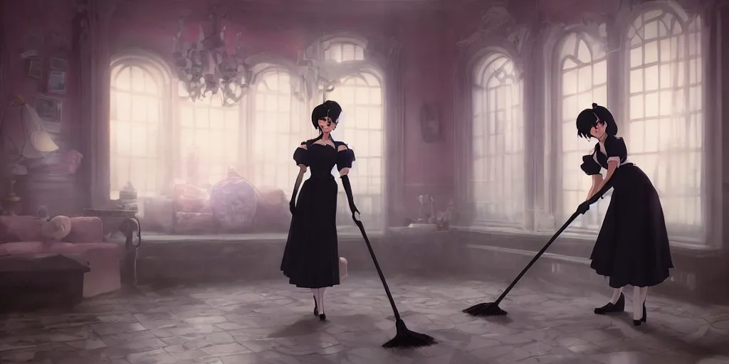 Prompt: animation key shot of a pretty woman with black hair dressed as a maid sweeping the floor in an elegant palace bedroom, studio ghibli, pixar and disney animation, sharp, rendered in unreal engine 5, anime key art by greg rutkowski, bloom, dramatic lighting