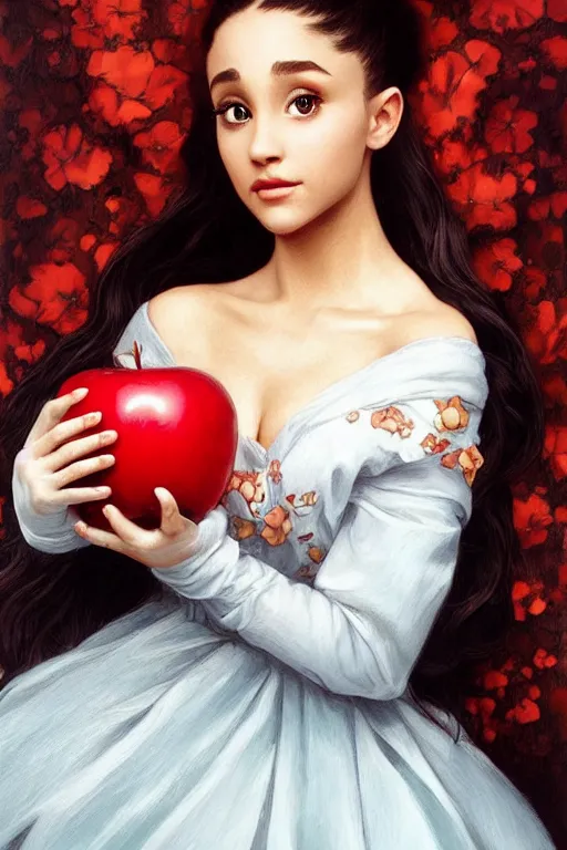 Prompt: beautiful cottagecore Ariana Grande holding a Red Apple, intricate, elegant, highly detailed, digital painting, artstation, concept art, smooth, sharp, focus, illustration, art by artgerm and greg rutkowski and alphonse mucha