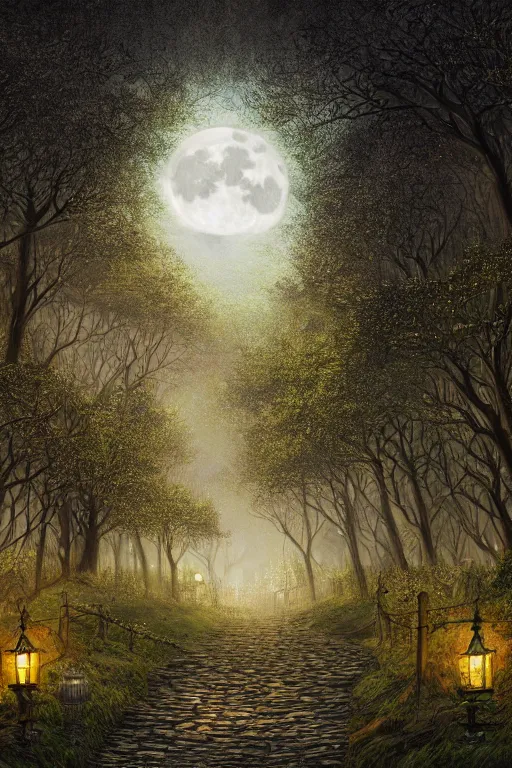 Image similar to a beautiful digital illustration painting of a detailed gothic fantasy fireflies forest trees and iron gate cobblestone pathway vines full moon by james gurney, 8 k resolution trending on artstation concept art digital illustration