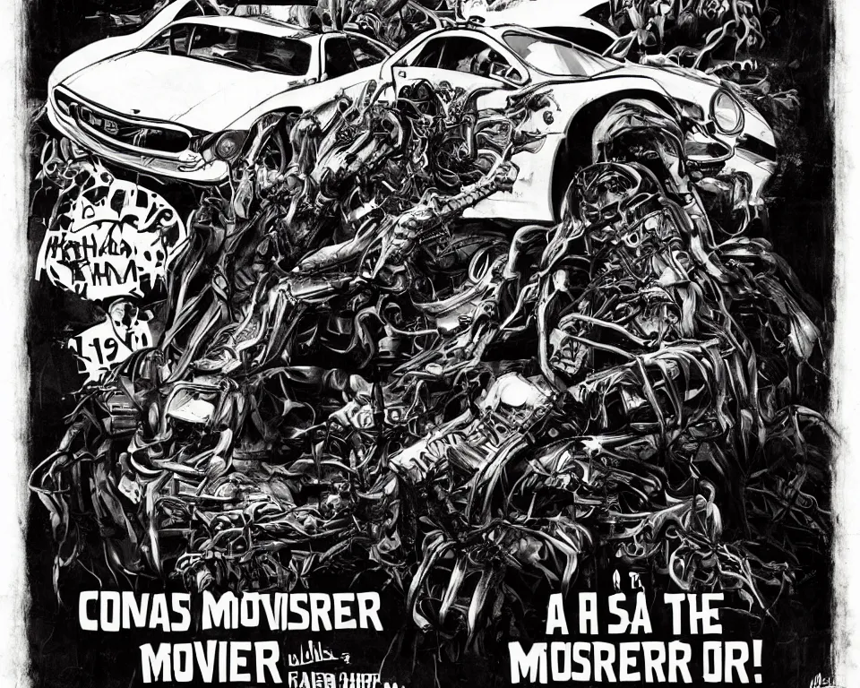 Prompt: a horror movie poster featuring a car monster