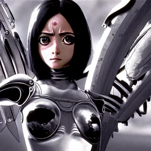 Image similar to a beautiful film still from battle angel alita by panos cosmatos, futuristic, cinematic lighting, highly detailed, photorealistic, high resolution