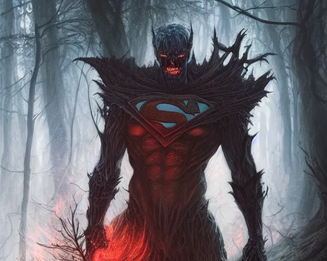 Image similar to 5 5 mm portrait photo of a demonic undead superman in a magical forest. magical atmosphere. art by greg rutkowski and luis royo. highly detailed 8 k. intricate. lifelike. soft light. nikon d 8 5 0.