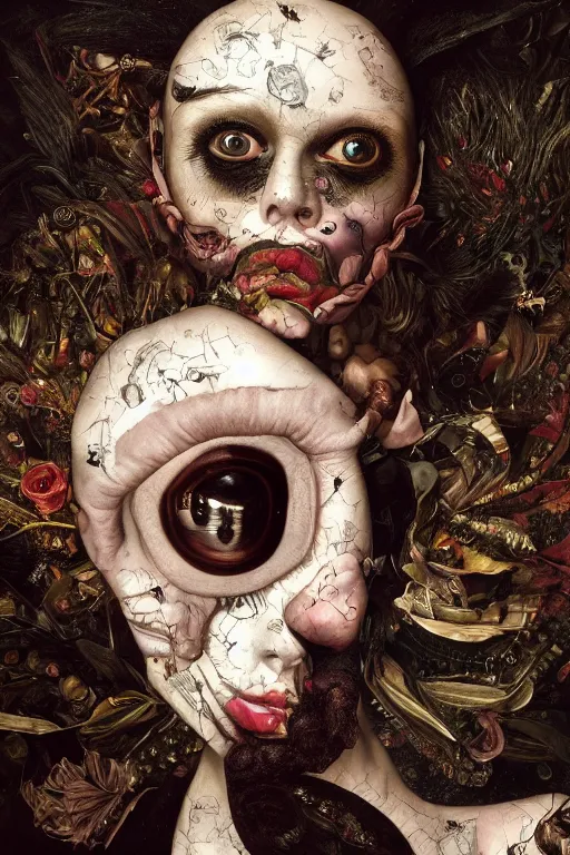 Image similar to Detailed maximalist portrait with large lips and with large white eyes, exasperated expression, HD mixed media, 3D collage, highly detailed and intricate, surreal illustration in the style of Caravaggio, dark art, baroque