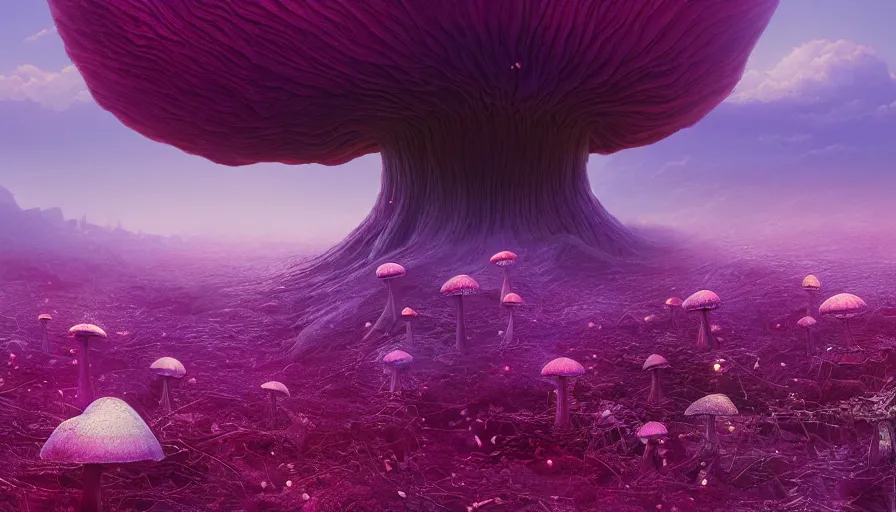 Image similar to A highly detailed digital art painting of a volatile nuclear caustic poison mushroom irradiated barren purple landscape by from software, Makoto Shinkai, by Artgerm, by beeple, volumetric lighting, octane render, 4K resolution, trending on artstation, masterpiece, vivid colours