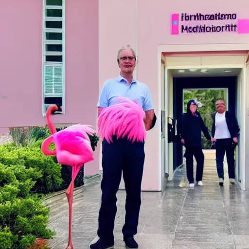 Image similar to swedish medical professor standing in front of hospital entrance with 10 pink flamingo walking by