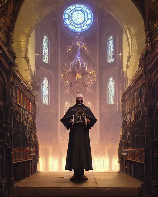 Image similar to highly detailed surreal vfx portrait of a steampunk priest in a steampunk cathedral, stephen bliss, unreal engine, greg rutkowski, loish, rhads, beeple, makoto shinkai and lois van baarle, ilya kuvshinov, rossdraws, tom bagshaw, alphonse mucha, global illumination, detailed and intricate environment