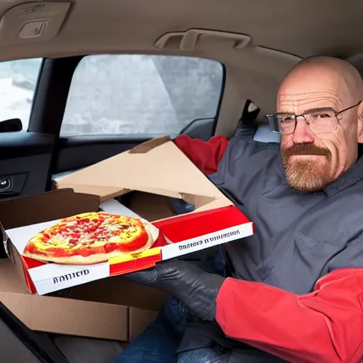 Prompt: walter white delivering pizza hut