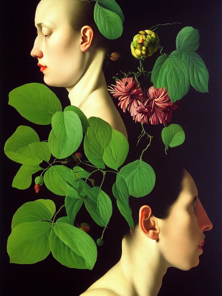 Image similar to hyperrealistic still life portrait woman's face in profile, beautiful plants, jungian archetypes, light refracting through prisms in a tesseract, by caravaggio, botanical print, surrealism, vivid colors, serene, by rene magritte