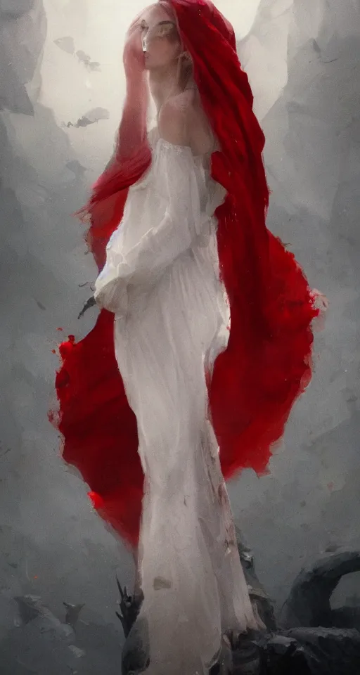 Image similar to A beuatiful portrait of a women in white and red dress by Greg Rutkowski, Sung Choi, Mitchell Mohrhauser, Maciej Kuciara, Johnson Ting, Maxim Verehin, Peter Konig, Bloodborne, full body, 8k photorealistic, cinematic lighting, HD, high details, dramatic, dark atmosphere, trending on artstation