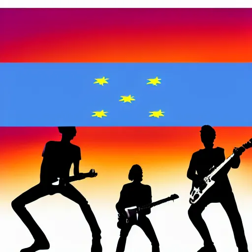 Prompt: silhouettes of a rock band performing in front of a huge eu flag, vector graphics