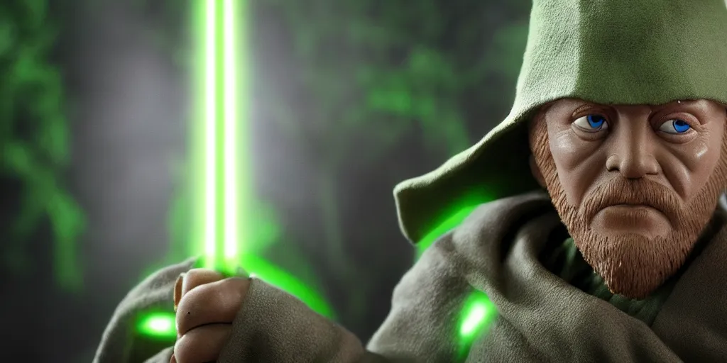 Prompt: obi - wan kenobi disney plus show season 2, green jedi master yoda puppet from 1 9 8 0 s empire strikes back and the last jedi, dagobah ultra realistic, 4 k, movie still, uhd, sharp, detailed, cinematic, render, modern