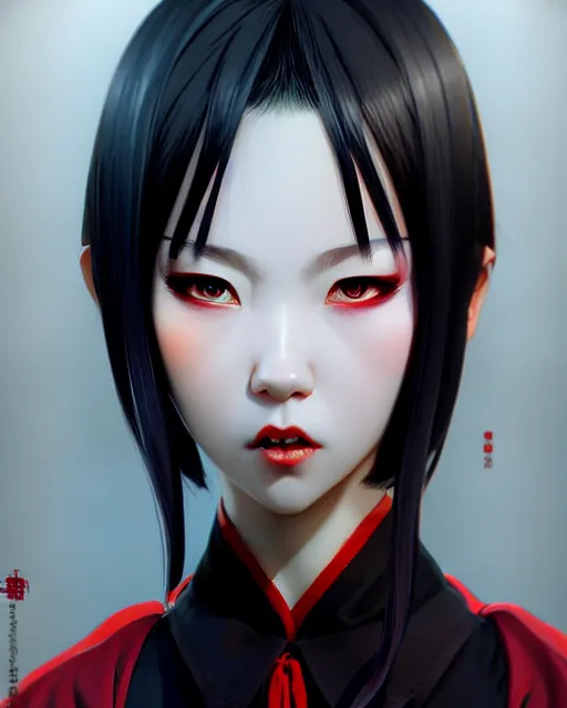 Image similar to sharp hq rendering, vampire, asian character portrait, concept art, painterly, fanart, highly detailed in the style of wlop by ilya kuvshinov, wenjun lin, sakimichan, artgerm, angular asymmetrical design, chinese artist, eastern art style, nixeu