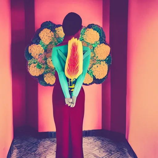 Image similar to giant flower head, frontal, girl standing in mid century hotel, surreal, symmetry, bright colors, cinematic, wes anderson