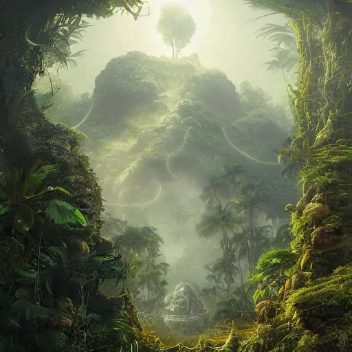 Image similar to a hyperrealistic illustration of an untouched Island, teeaming jungle with fractal sunlight, award-winning, masterpiece, in the style of Tom Bagshaw, Cedric Peyravernay, Peter Mohrbacher