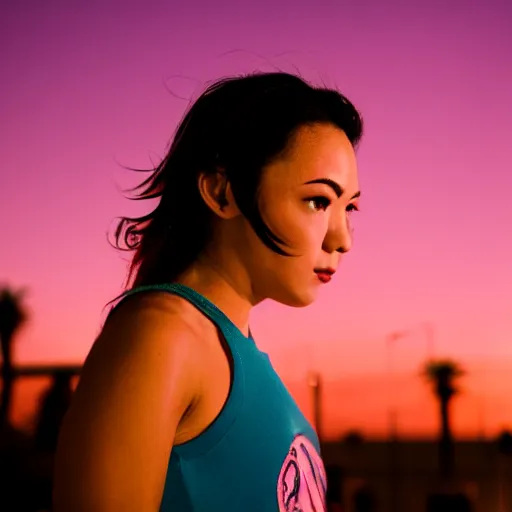 Prompt: a roller skater in a cinematic closeup. in santa monica at blue hour. canon eos c 3 0 0, ƒ 1. 8, 3 5 mm. 8 k. inspired by roger deakins cinematography