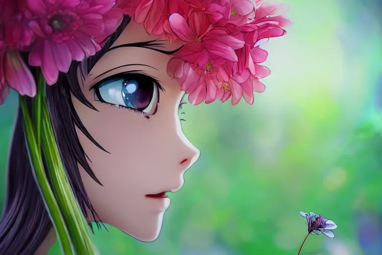 Prompt: (anime Tinkerbell) kissing a flower, hyper realism, macro shot