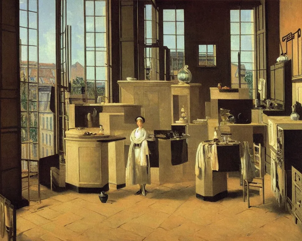 Prompt: achingly beautiful painting of a sophisticated, well - decorated chef's kitchen on warm background by rene magritte, monet, and turner. giovanni battista piranesi.