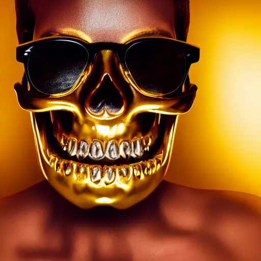 Prompt: closeup studio photograph of a black skull with golden teeth and golden sunglasses, dramatic lighting, edited in photoshop