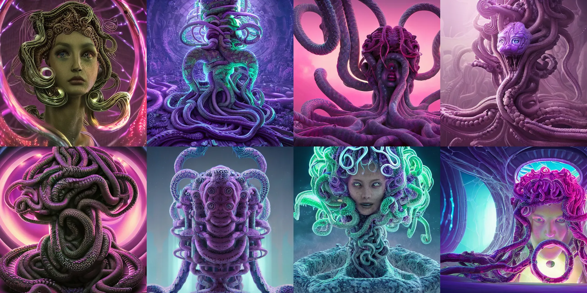 Prompt: beautiful medusa gorgon, cosmic horror, abstract, ghostly, arcade, duotone, poltergeist, epic lighting, intricate, elegant, highly detailed, smooth, sharp focus, unreal engine 5, raytracing, in the style of beeple and mike winkelmann, ultraviolet colors,