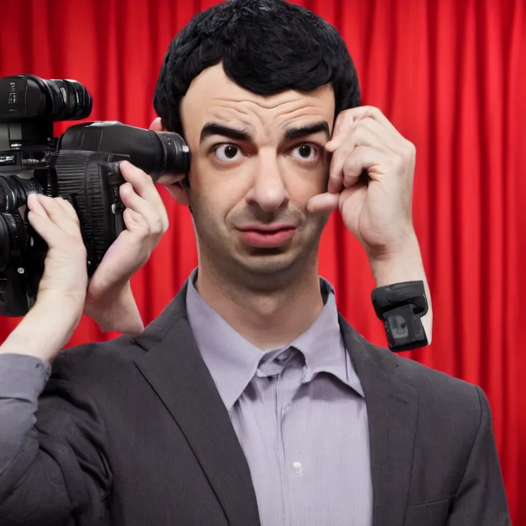 Prompt: focused dslr photograph of nathan fielder from nathan for you on comedy central controlling a puppet version of himself filmed by a tv crew on a stage with a red curtain, meta, fractal, trippy, television ad, high detail!!! 8 k, photorealism, sharp focus, volumetric lighting, coherent!!! art directed, rule of thirds, face