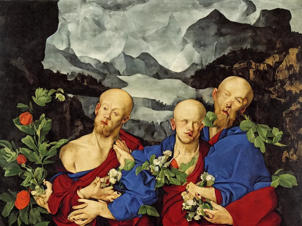 Prompt: Portrait of strange albino, blue-eyed man, blonde, in a monk robe holding wilted flowers in his arms. Thunderstorm, icy mountains in the background. Painting by Lorenzo Lotto, Otto Dix