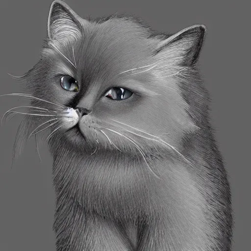 Prompt: a big indifferent looking dark grey cat with white belly, white paws and white face markings with long fur and fluffy tail sitting, intricate, elegant, highly detailed, digital painting, artstation, concept art, matte, sharp focus, illustration, art by Leonardo da vinci