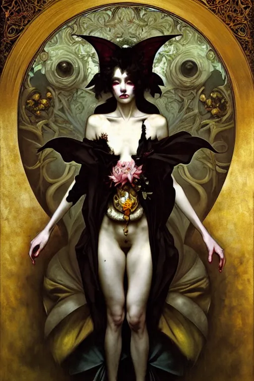 Image similar to baroque oil painting of full body vampire princess portrait, by nekro, peter mohrbacher, alphonse mucha, brian froud, yoshitaka amano, kim keever, victo ngai, james jean