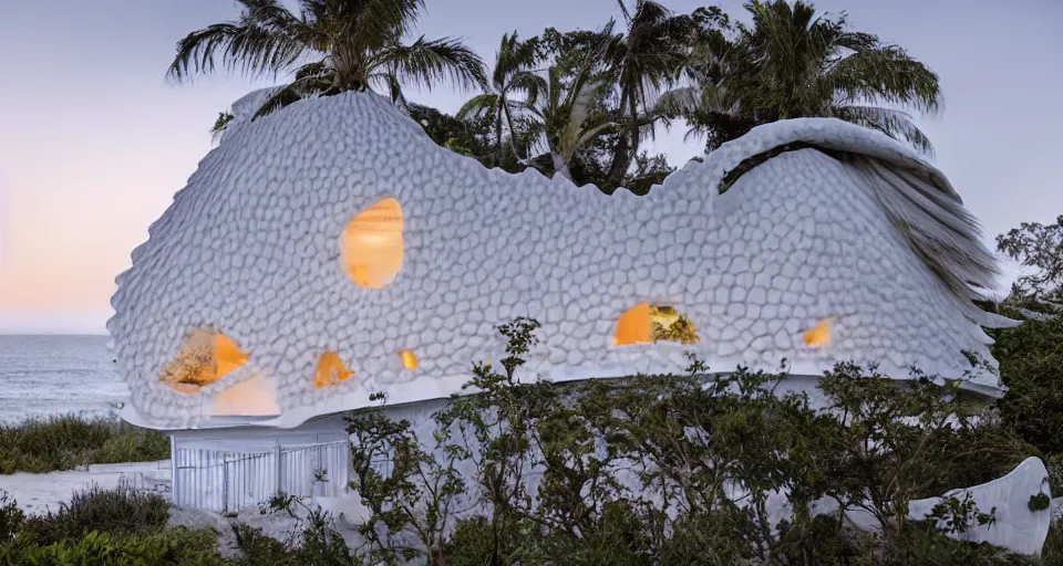 Image similar to pearly white seashell house, atmospheric cinematography