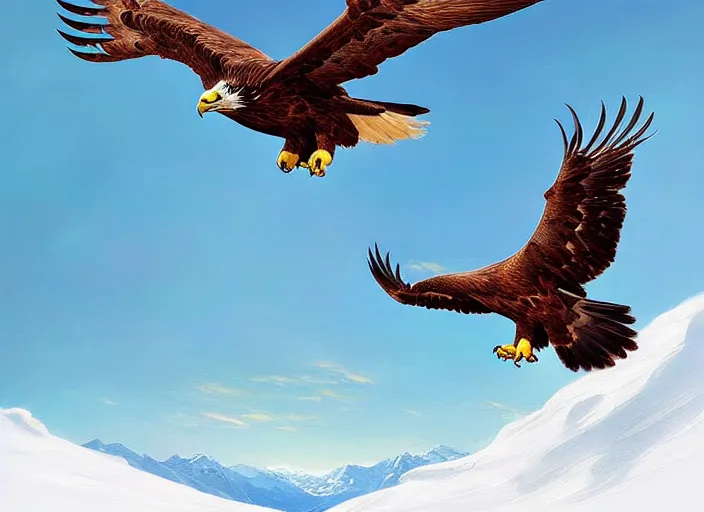 Prompt: A great golden eagle soars above a snowy mountain, by Mandy Jurgens, Artgerm, intricate, elegant, digital painting