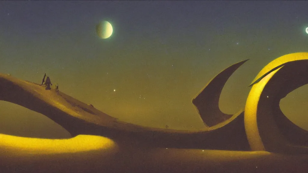 Image similar to mysterious whimsical sculpture of an alien crescent moon by paul lehr and john schoenherr and john harris, cinematic matte painting