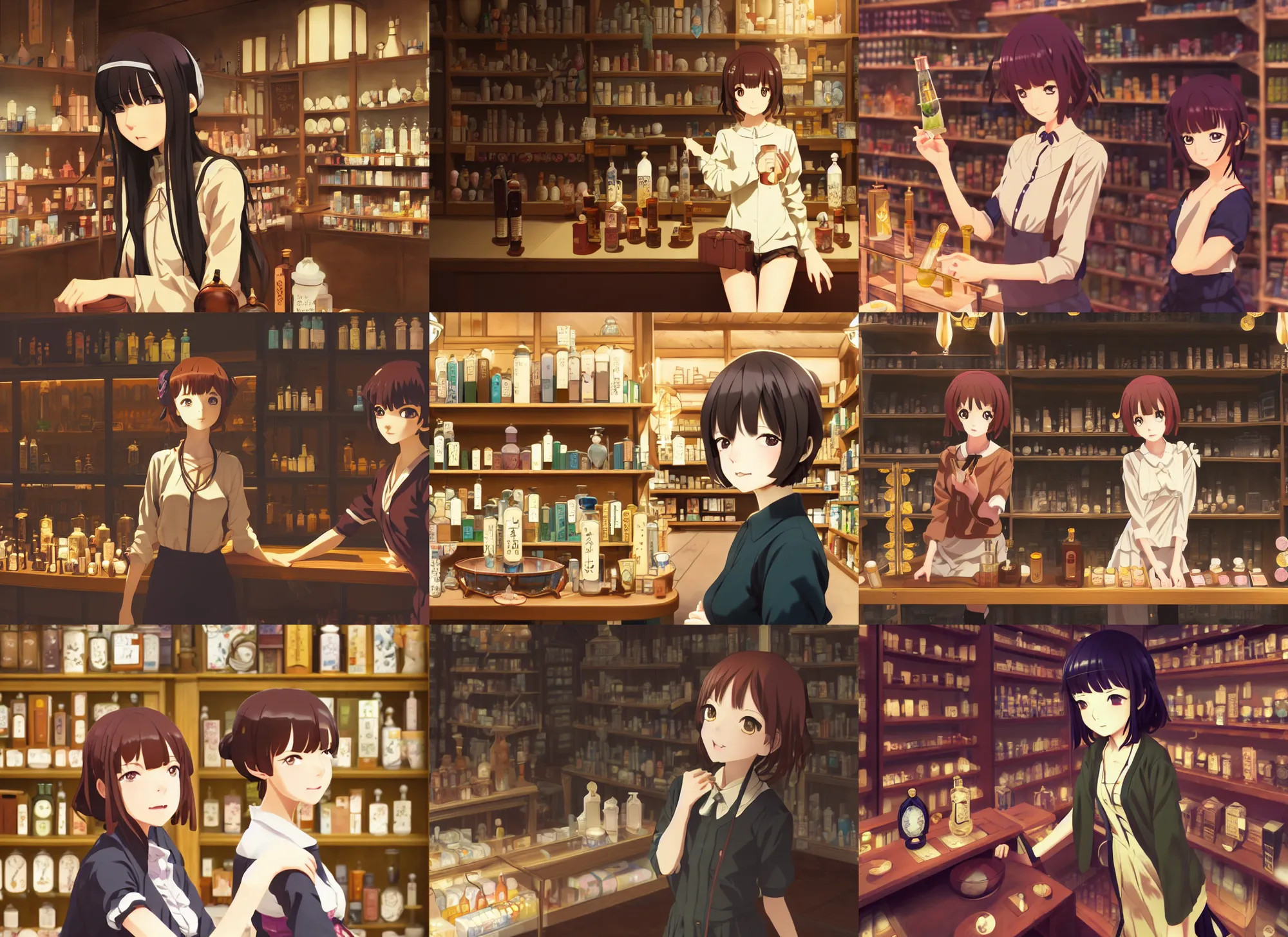 Prompt: anime visual, portrait of a young female traveler in a alchemist's potion shop interior shopping, cute face by ilya kuvshinov, yoshinari yoh, makoto shinkai, katsura masakazu, moody, dynamic perspective pose, detailed facial features, kyoani, cel shaded