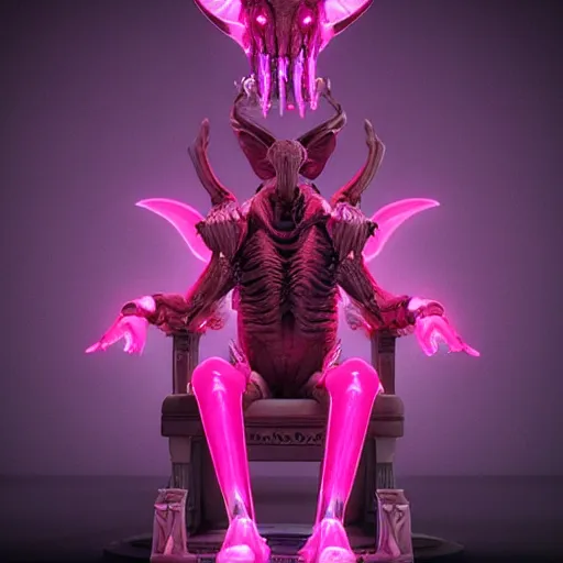 Prompt: a realistic antropomorphic pink elephant dressing necromancer clothes sited in a xenomorphic throne with glow neon eyes, finely detailed, 4 k, photorealistic, cycles engine,