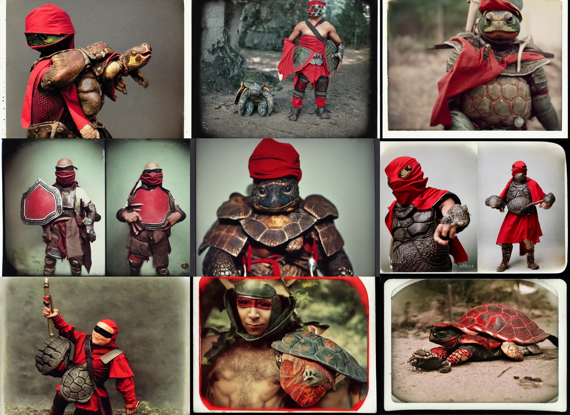 Prompt: a badass turtle fighter with red bandana on his eyes, protectors on elbows and a shield made out of a turtle shell. polaroid, color vintage