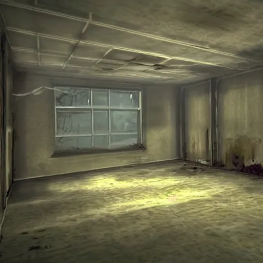 Image similar to a small long room the room is dirty in the right side there is a window you can't see anything because there's a fog in the right window in the left side there is a door in the other side of the door they are a couple of zombies getting the door the door is almost broken because of the zombies zombie apocalypse style