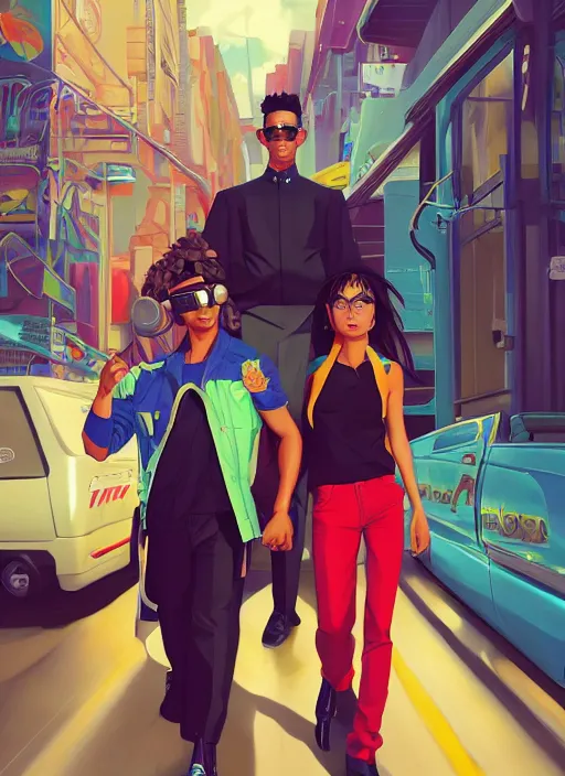 Image similar to latino - futurist latinos, zoot suits and lowriders, fashionable, driving the metaverse | hyperrealistic oil painting | by makoto shinkai, ilya kuvshinov, lois van baarle, rossdraws | afrofuturism, in the style of boondocks, trending on artstation | dark color scheme