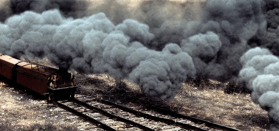 Prompt: smoke,!!! colored photography, tilt shift wwi a train over a dug out trench, dramatic light, zdzidaw, ultrafine, hyperrealistic, 3 2 k, 3 5 mm film still, movie